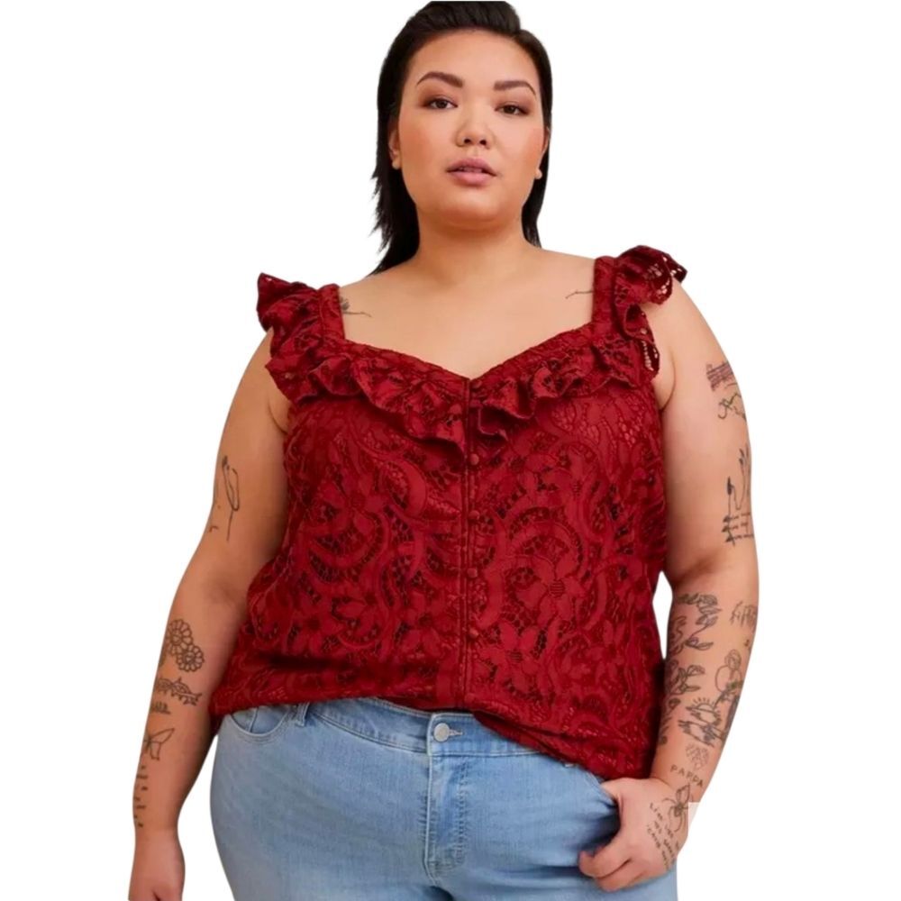 Torrid Lace Ruffle Short Sleeve Crop Top Size 1 1x Brick Red